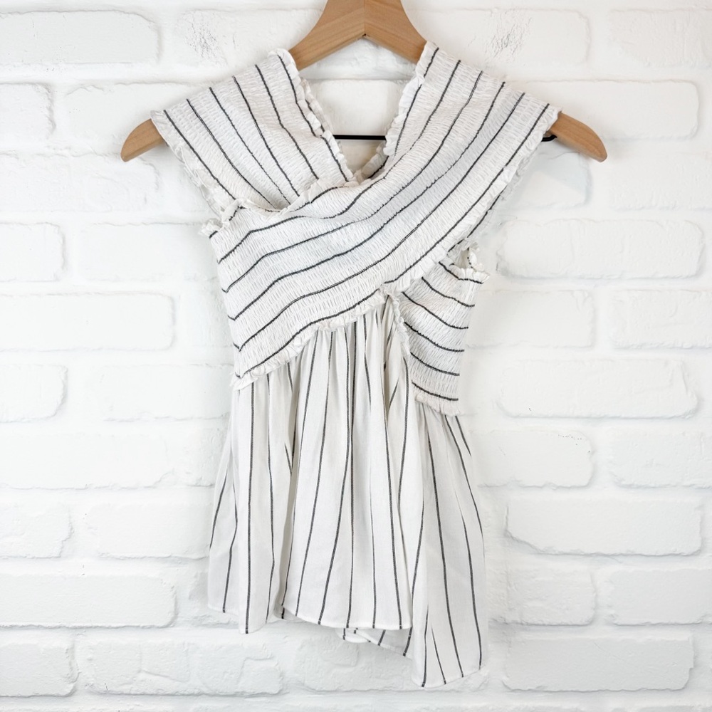 Soprano White Striped Smocked Criss Cross Peplum Top Size Small